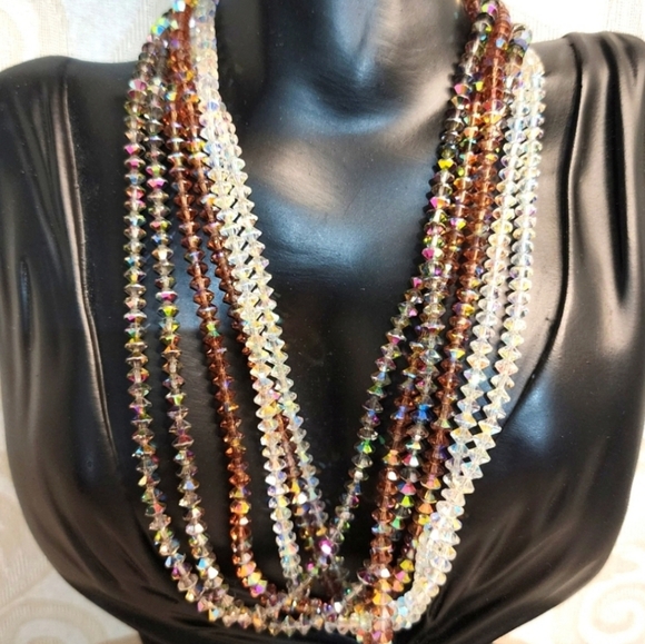 BERGERE Vintage 70's Rare Glass Beads Aurora Borealis Multistrand Necklace - Picture 16 of 16
